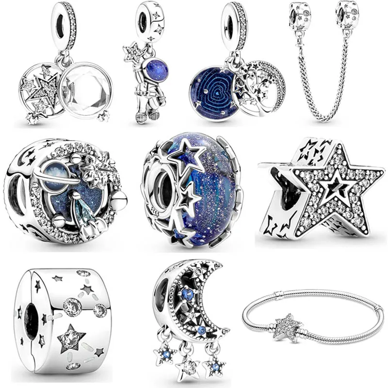 

Blue Magnified Stars amp Galaxy Tree Crescent Moon Safety Chain Charm 925 Sterling Silver Beads Fit Pandora Bracelet DIY Jewelry