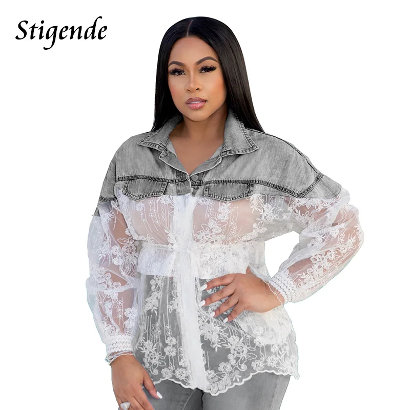 

Женская прозрачная Джинсовая блузка на шнуровке, с цветочной вышивкой