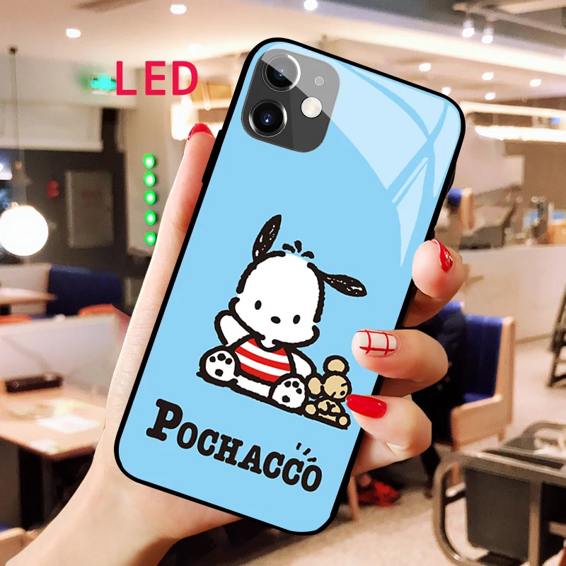 

Pochacco Luminous Tempered Glass phone case For Apple iphone 13 14 Pro Max Puls mini Luxury Fashion RGB LED Backlight new cover