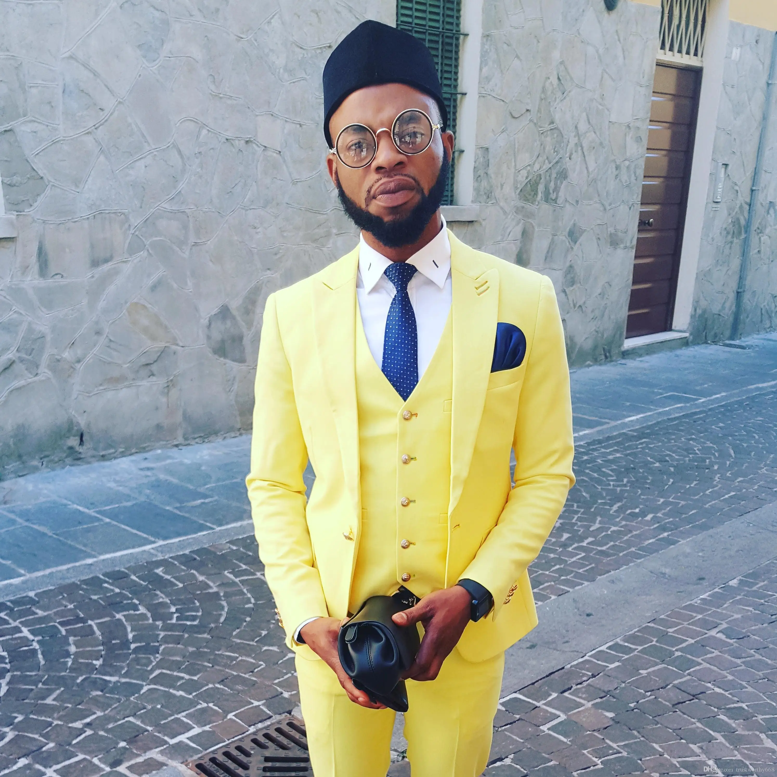 

Lemon Yellow Groomsmen Peak Lapel with ButtonHole Groom Tuxedos Men Suits Wedding/Prom Best Man 3 Pieces ( Jacket+Pants+Vest)