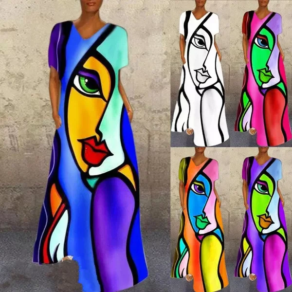 

2022NEW Girl Graphic Print Dress Women Vintage Cartoon V-Neck Long Party Dresses Casual Short Sleeve Pocket A-Line Maxi Dresses