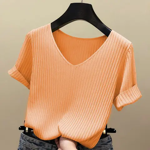 Оранжевая красивая летняя тонкая дышащая женская одежда для офиса, женские футболки, вязаная укороченная эластичная футболка с коротким рукавом, топы из вискозы