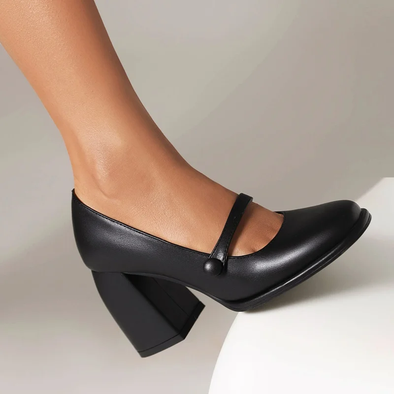 classic pumps designer shoes new 2023 spring summer pu leather thick high heels women buckle decoration party dress nude pumps