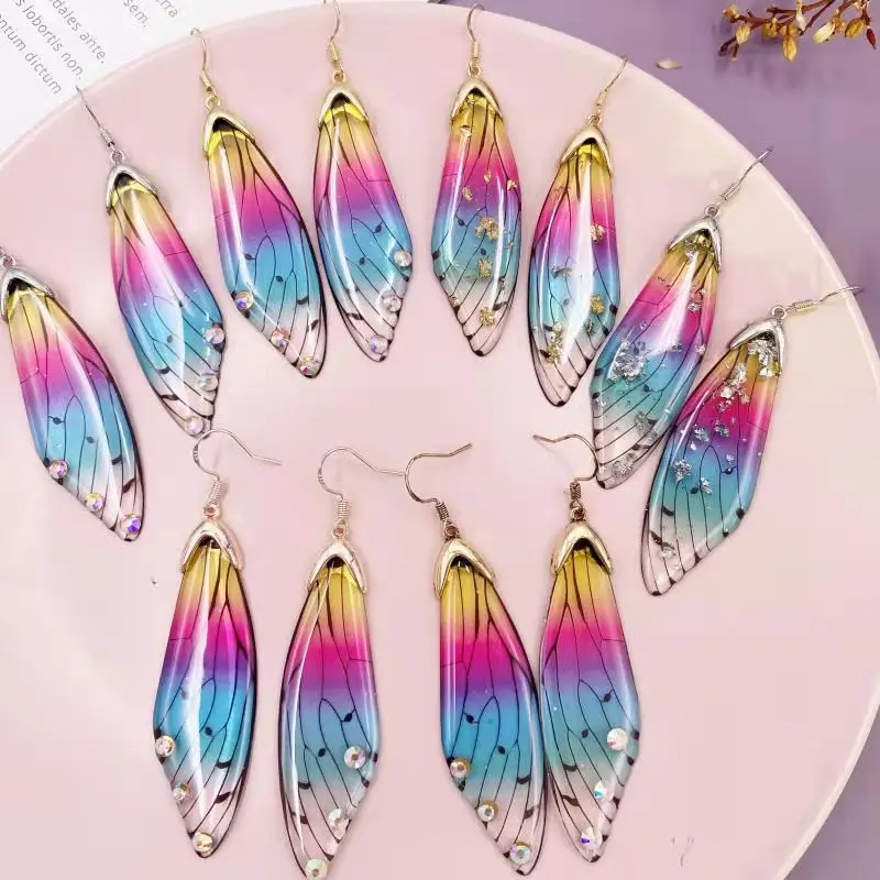 

Minar Fairy Rainbow Resin Butterfly Long Dangle Earrings for Women Bling Rhinestone Simulation Wings Earring Wedding Jewelry