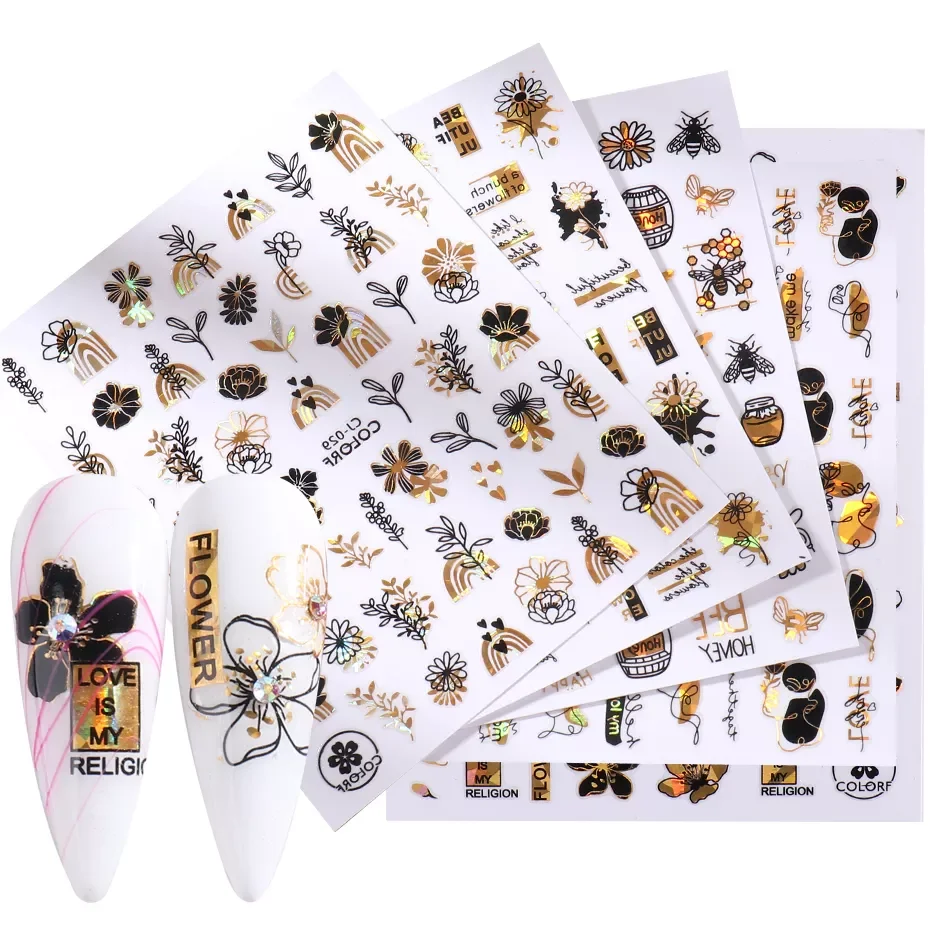 

New 3D Nail Sticker Holographic Shiny Flower Letter Slider Nail Art Accessories Line Woman Laque Sticker for Manicure LACJ028-36
