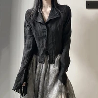 y2k blouse women vintage black shirt gothic harjauku pleated button up korean dark tight long sleeve aesthetic female