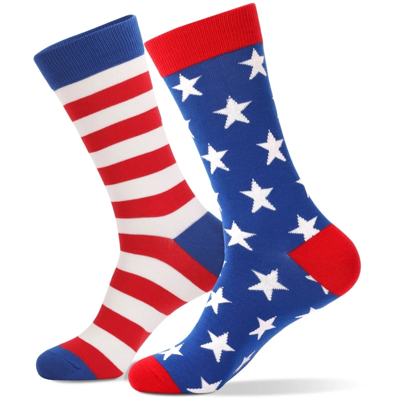 

Women Men Novelty Funny America Flag Crew Socks Asymmetrical Star Striped Print Independence Day Cotton Mid Tube Hosiery