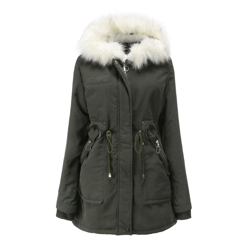 Grey Cotton Coat Women Long Hooded White Fur Collar Winter Warm Wool Overcoat Women's Cotton Jacket Cold Coat