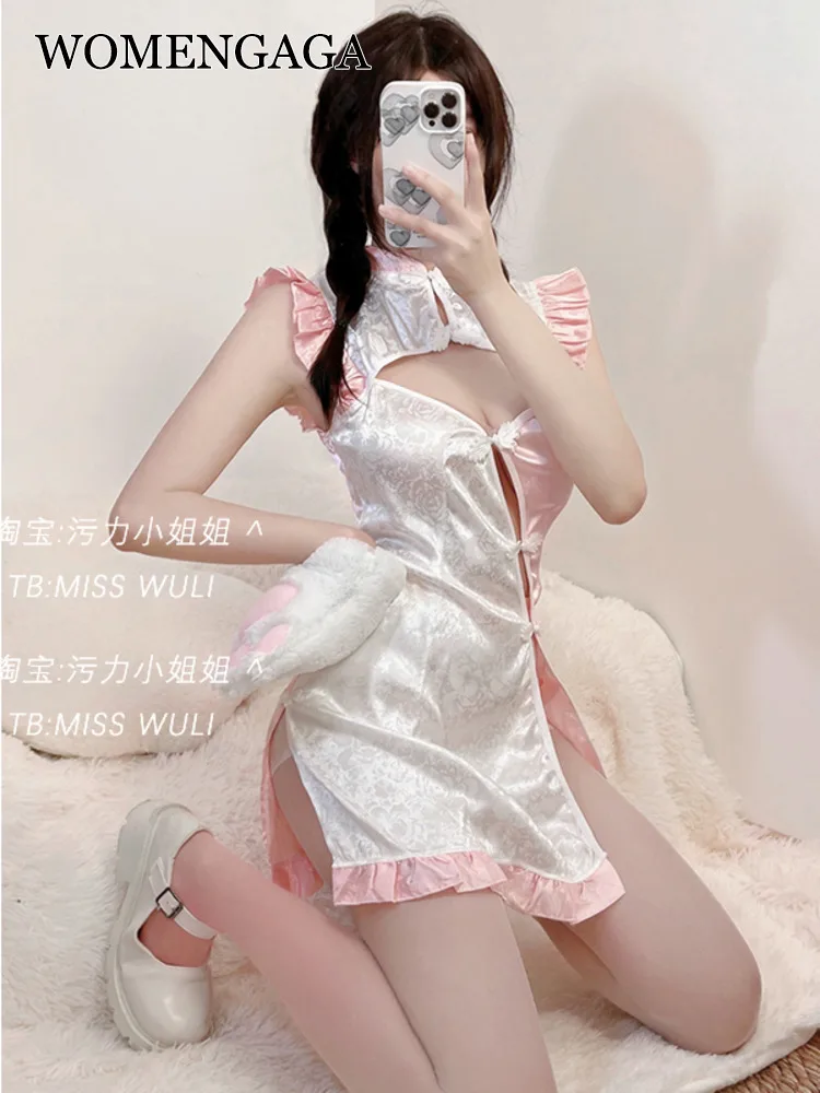 

Женское милое розовое шелковое атласное платье-Ципао с оборками и открытой грудью, привлекательное милое мини-платье в китайском стиле, при...