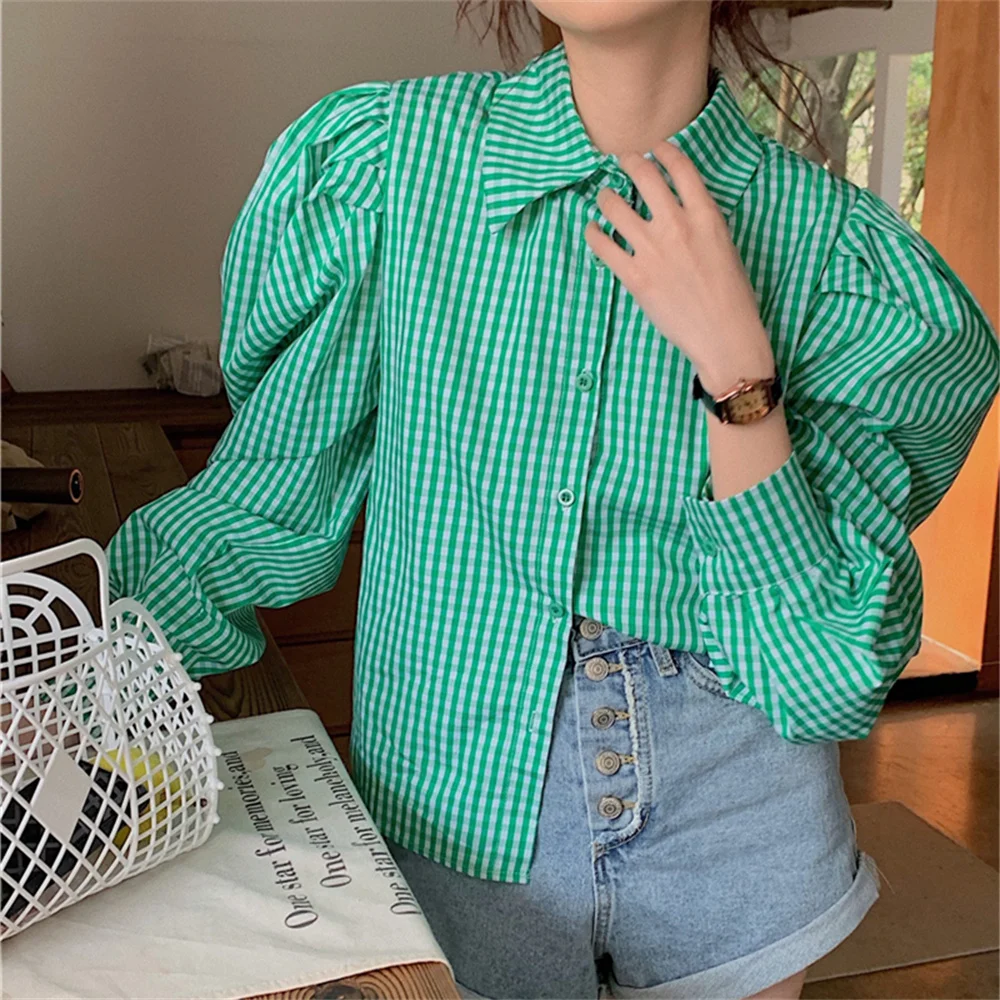 

HziriP Elegant Puff Sleeves Women Shirts Hot Plaid New All Match 2022 Spring Full Sleeves Chic Sweet Office Lady Casual Tops
