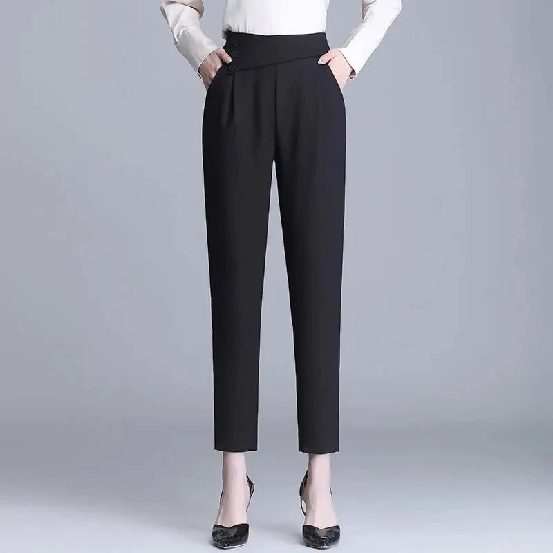 

Summer New Womens Suit Pants Korean Fashion High Waist Baggy Breathable Casual Trousers Elegant Solid Harem Pants Female