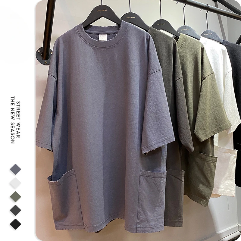 

Men's Wear European and American Shirt High Street Style Side Pocket Cotton Short-sleeve T-shirt Hip-hop Solid Color TEE for Men