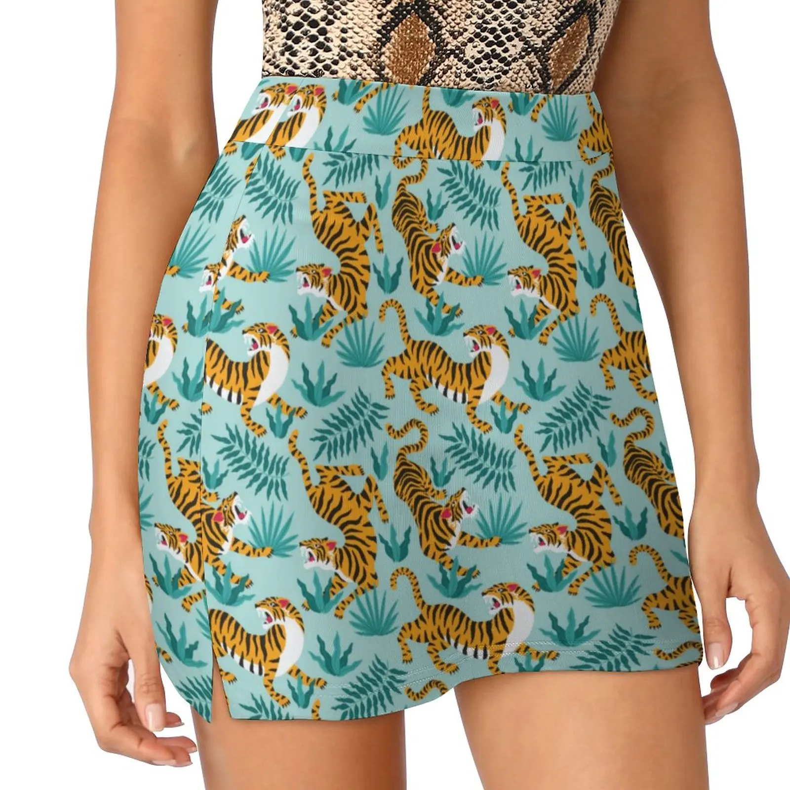 

Юбка женская трапециевидная с принтом «зеленые тигры» и высокой талией
