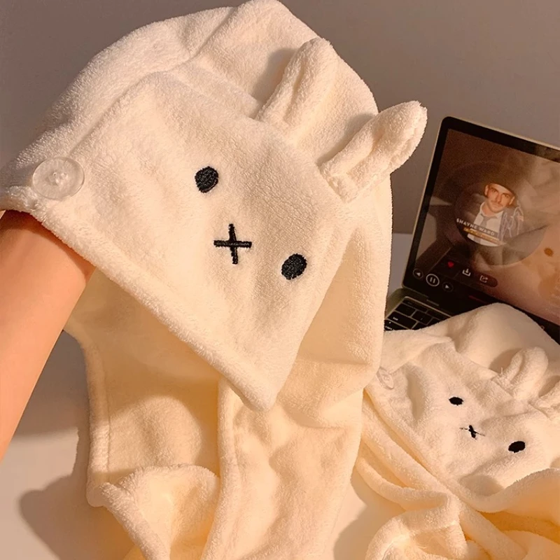 Фото Симпатичная бархатная шапочка для сухих волос Miffy Coral, супер впитывающее полотенце для девочек, быстросохнущая шапочка для душа с обертыванием волос, мультяшная шапочка для сухих волос №4