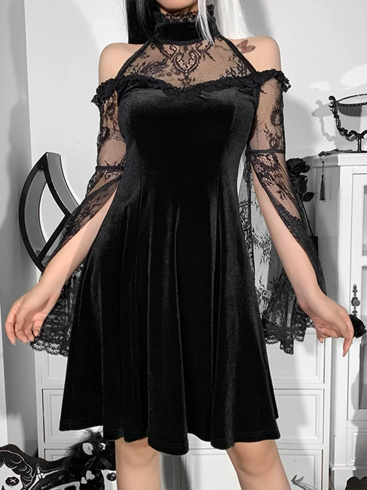 

Винтажное готическое платье с открытыми плечами и кружевной отделкой чёрный бархатный в стиле панк мини-платья с расклешенным рукавом сказ...