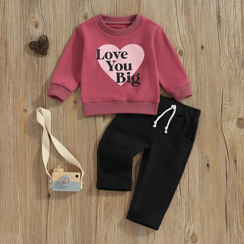 

Toddler Baby Boys Fall Outfits 2Pcs Letter Heart Print Long Sleeve Sweatshirts Solid Color Pants Clothes