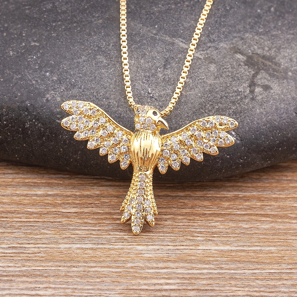 

AIBEF Fashion Cubic Zircon Eagle Pendant Necklace Women Men Religion Jewelry Gold Color Copper Chain Necklaces Gift