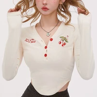 houzhou kawaii long sleeve t shirts women korean fashion slim v neck button crop top cute embroidery casual irregular t shirt