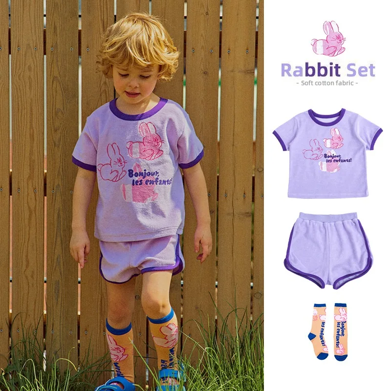 

Children's T-Shirts Sets 2023 New Summer Cartoon Boys Short-sleeved Casual Shorts Cotton Purple Top Girls Suit Children's Clothe