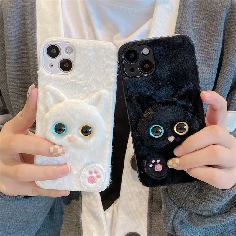 

Plush Black and White Cat Gem Eyes Soft Cat's Paw Phone Case for Iphone 13 12 11 Pro Max X Xs Xr Xsmax 7 8plus