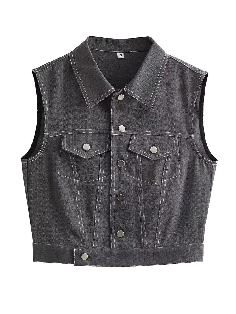 

Vests For Women Dark Gray Jacket Vest 2023 New Summer Button Waistcoats Denim Vintage Sleeveless Jackets Trafza Female Vest