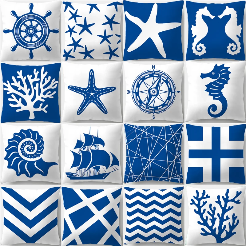 

45x45cm Sea Creatures Animal Pillow Cases Boat Seaside Elements Geometric Cushion Cover Bedroom Sofa Pillowcase Home Decoration