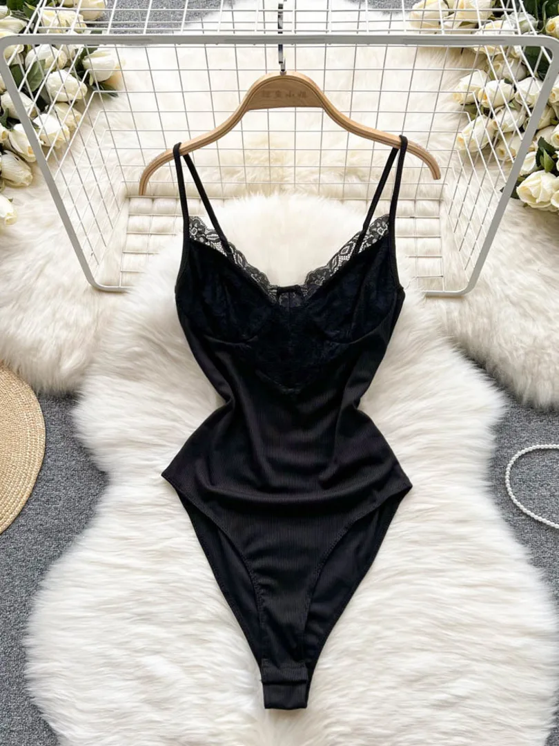 

Sexy Floral Lace Spliced Bodysuit for Women Elegant V-neck Sleeveless Spaghetti Strap Backless Skinny Erotic Body Lingerie