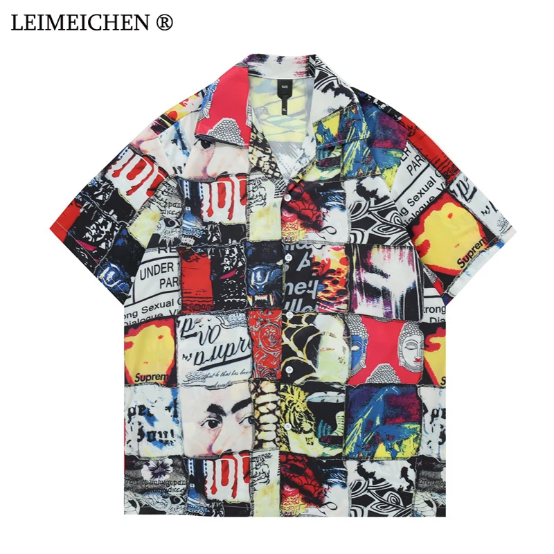 Hawaiian Flower Shirt Fun Plaid Full Print Shirt Beach Cardigan Short Sleeve Men Summer Single Breasted Lapel Casual Shirt