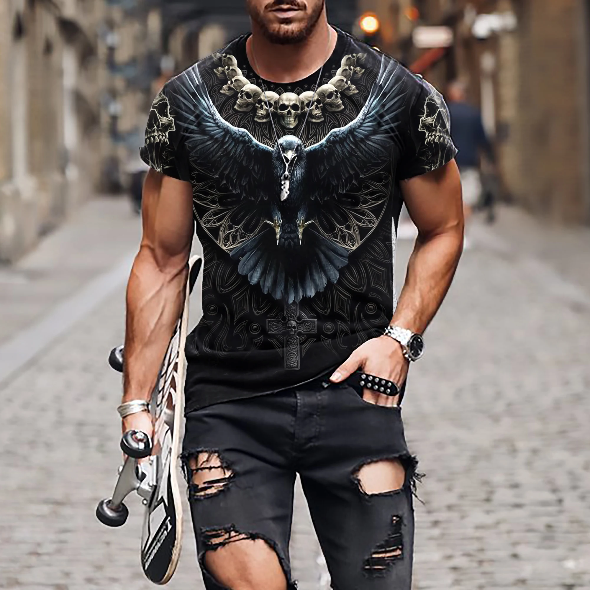 

Футболка мужская с 3D-принтом черепа, брендовая тенниска оверсайз с коротким рукавом, майка в стиле панк, одежда смерти