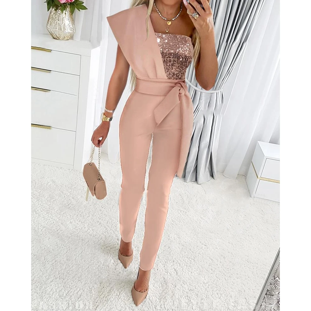 2023 Women Contrast Sequin One Shoulder Jumpsuit Fashion Femme Sleeveless Tied Detail Skinny Jumpsuit Party Evening Clothes