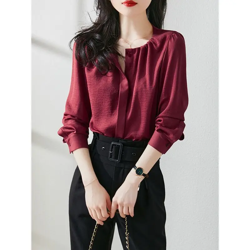 

Elegant O-Neck Solid Color Shirring Folds Button Oversized Shirt Loose Casual Tops 2022 Autumn New Commute Women Clothing Blouse