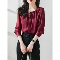 elegant o neck solid color shirring folds button oversized shirt loose casual tops 2022 autumn new commute women clothing blouse
