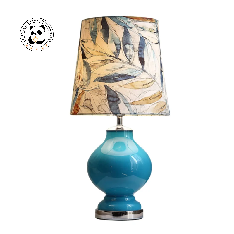 

Blue Ceramic Table Lamp LED E27 Cloth Art Lampshade Stylish Modern Elegant Bedroom Bedside Cafe Bar Tabletop Decor Desk Lights