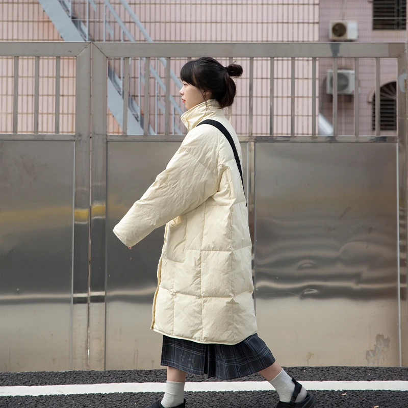 2022 New Autumn And Winter Lazy Style Self Made Loose Large Long Down Jacket Women's Large Pocket Wind Buckle Coat