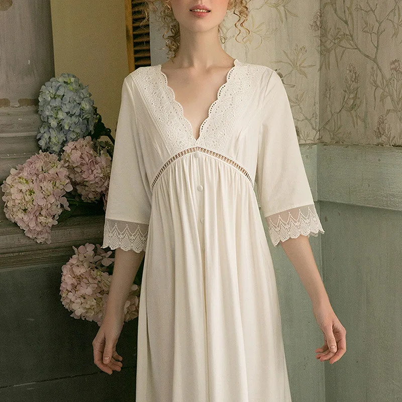 

Vintage Dress Sleepwear Nightdress Cotton Lounge White Nightgowns.victorian Sleepshirts Lolita Neck Lace Deep Women's Princess