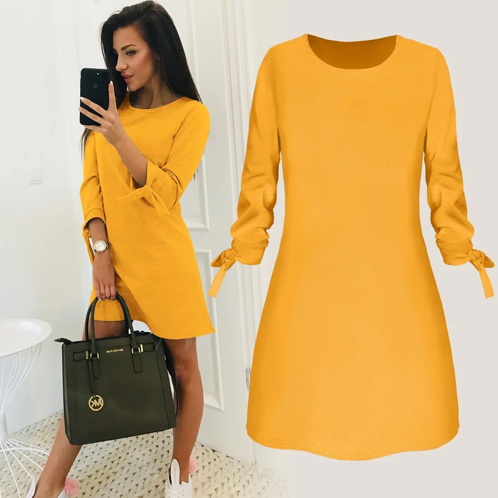 Купи Women's O Neck Loose Dress Cotton Linen 3/4 Bow Cuffs One Piece Loose Casual Beach Dress Spring Summer Autumn за 550 рублей в магазине AliExpress