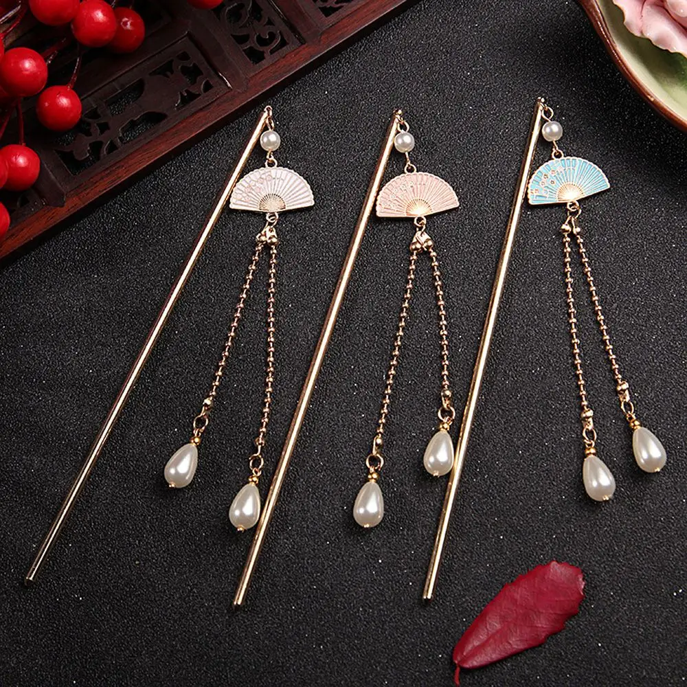 

Women Bun Hair Headgear Long Tassel Fan Shape Women Hair Stick Cheongsam Headwear Hair Accessory Chinese Style Hairpin