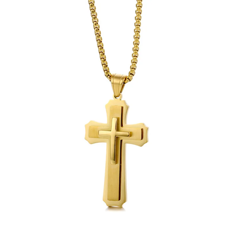 

Stainless Steel Cross Pendant Christian Amulet Three Layer Three-dimensional Sweater Chain Lovers Religious Jewelry Necklaces