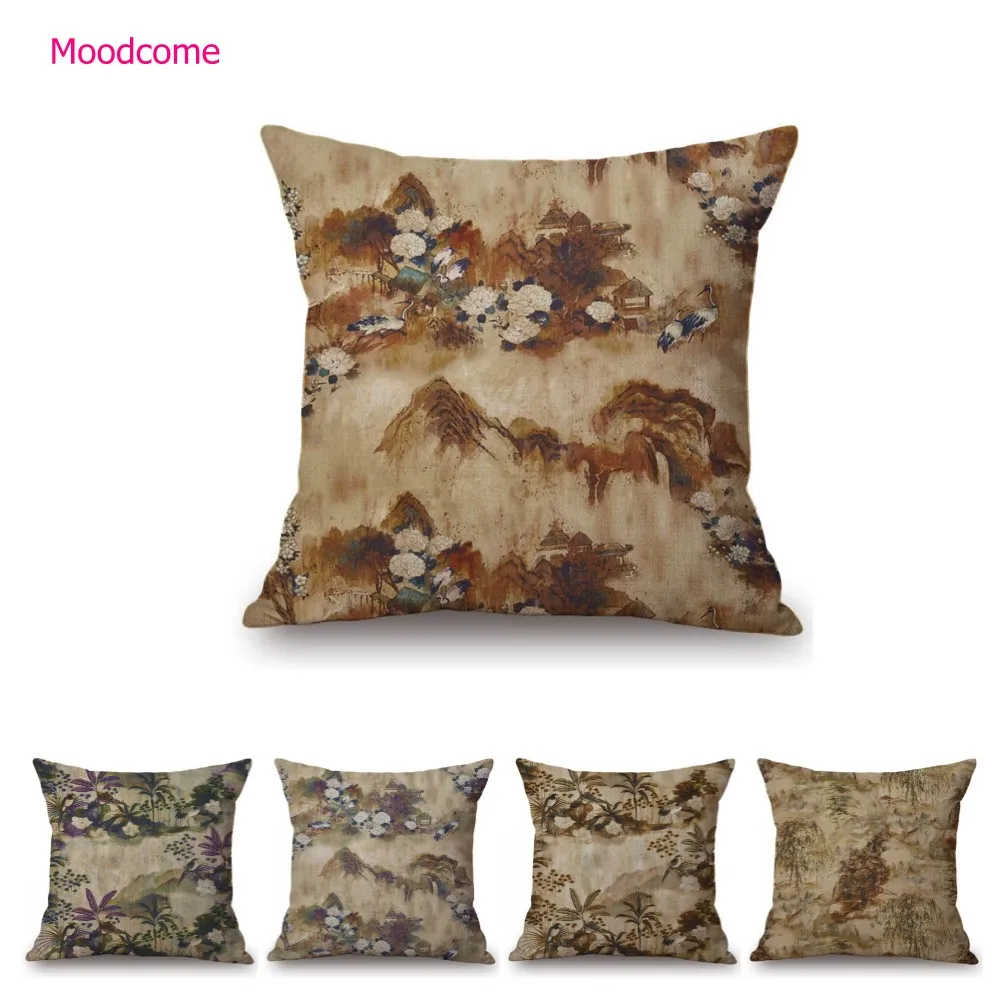 Chinese Ink Painting Art Flower Beautiful Scenery Elegant Antique Decoration Style Living Room Throw Pillow Case Cushion Cover