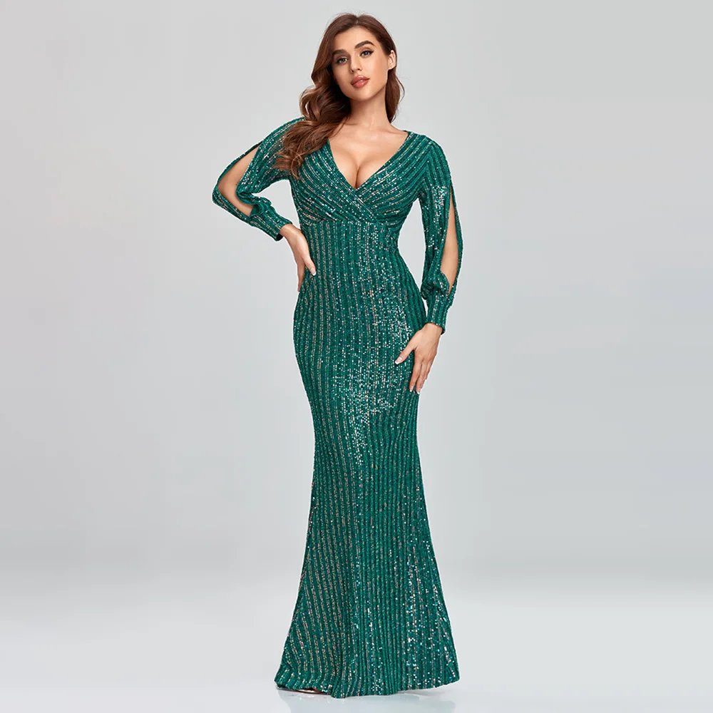 fashion elegant Long sleeve women's dress Mermaid V-neck luxury evening dress Sequin Beaded Wedding Guest Party Cocktail Dresses