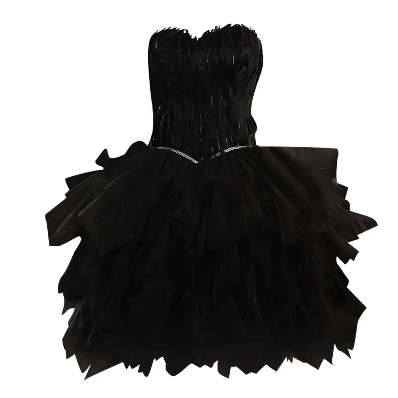 

Black Feather Banquet Birthday Party Stage Show Host Short Skirt Wedding Gown