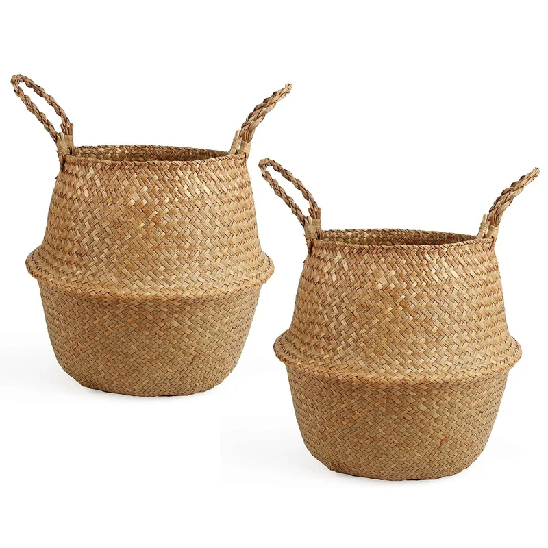 

2X Woven Straw Belly Basket For Storage Plant Pot Basket And Laundry, Picnic And Grocery Basket
