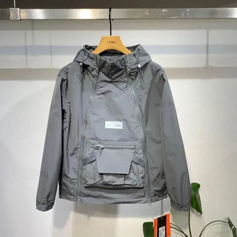

New Windbreaker Luxury Spring Autumn Men's Jacket Fashion Double Zip Hooded Outdoor Jacket Black Coat Pocket Sportswear Camping