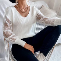sweater ladies elegant stitching long sleeved lace hollow stitching pullover white v neck knitted bottoming shirt women clothes