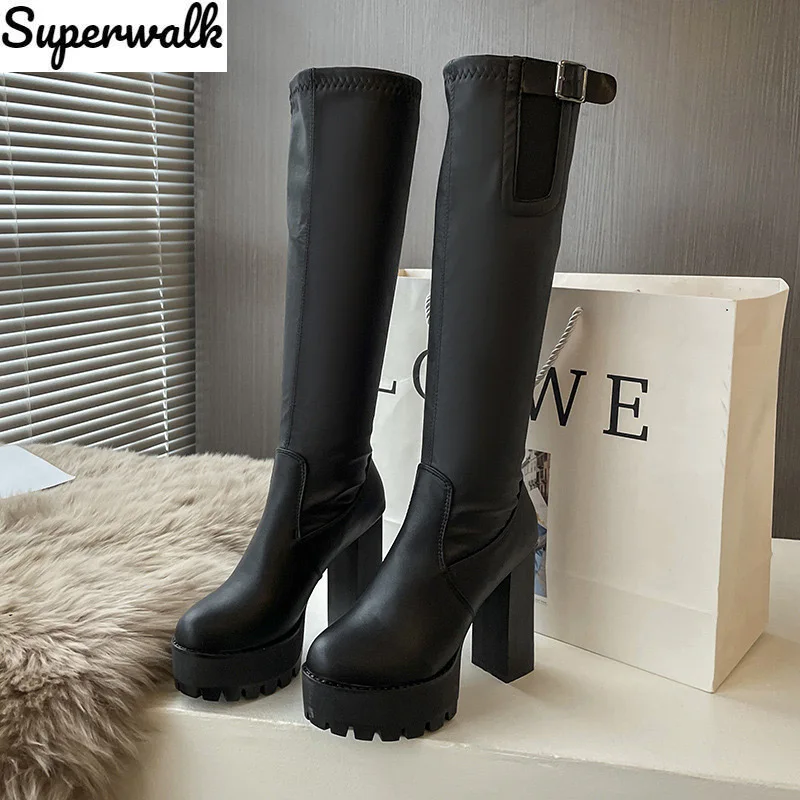 

Women Knee High Boots Pu Leather High Heels Warm Plush Ladies Shoes 2022 Winter Fashion Female Buckle Strap Woman Long Boots