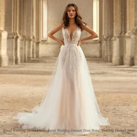 fashion aline wedding dresses print open beck paillette tulle lace sleeveless v neck 2022 summer floor length gowns robe de ma