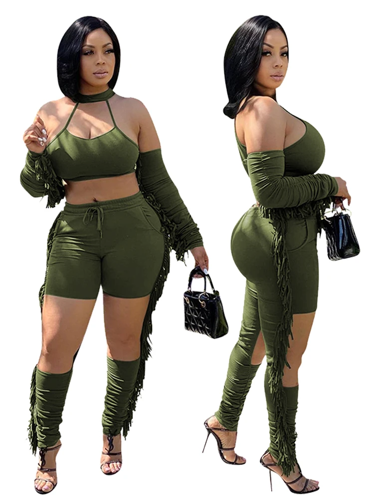 

European and American foreign trade solid color hanging neck halter sleeve blouse with lace-up ripped pants two pieces of women