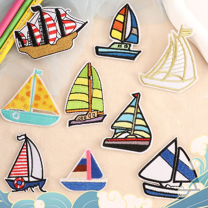 

Cartoon Sailboat Embroidery Patches Small Yacht Iron On Rescue Vessel Cargo Ship Cloth Appliques Anchor Rudder Thermo Stickers