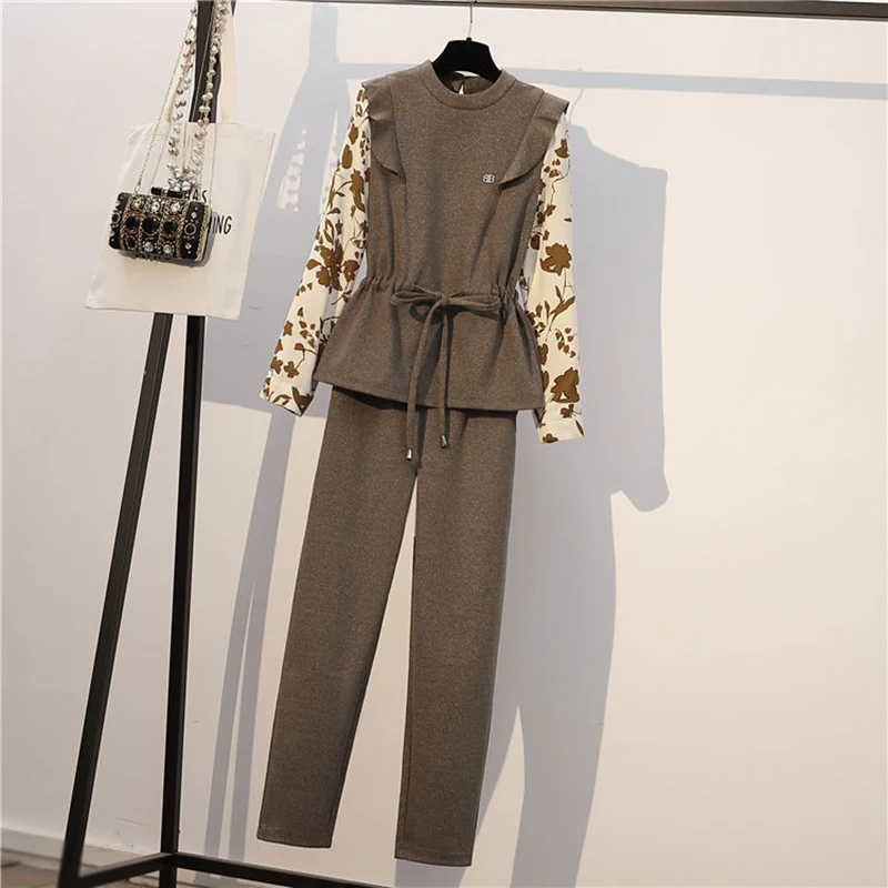 

Two Piece Professional Casual Suit Fall New Fashion Suit Printed Panel Round Neck Top+Two Piece High Waist Elastic Trousers