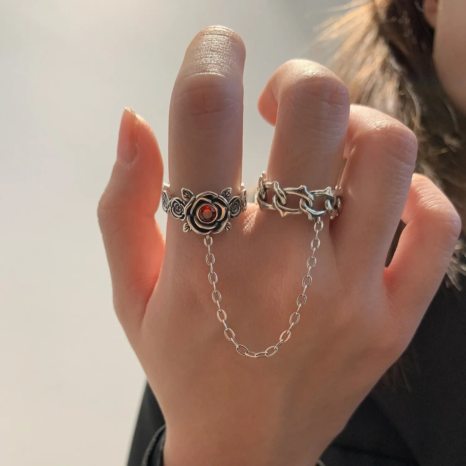 Корейское серебряное двойное кольцо в виде Розы S925 винтажная модная цепочка